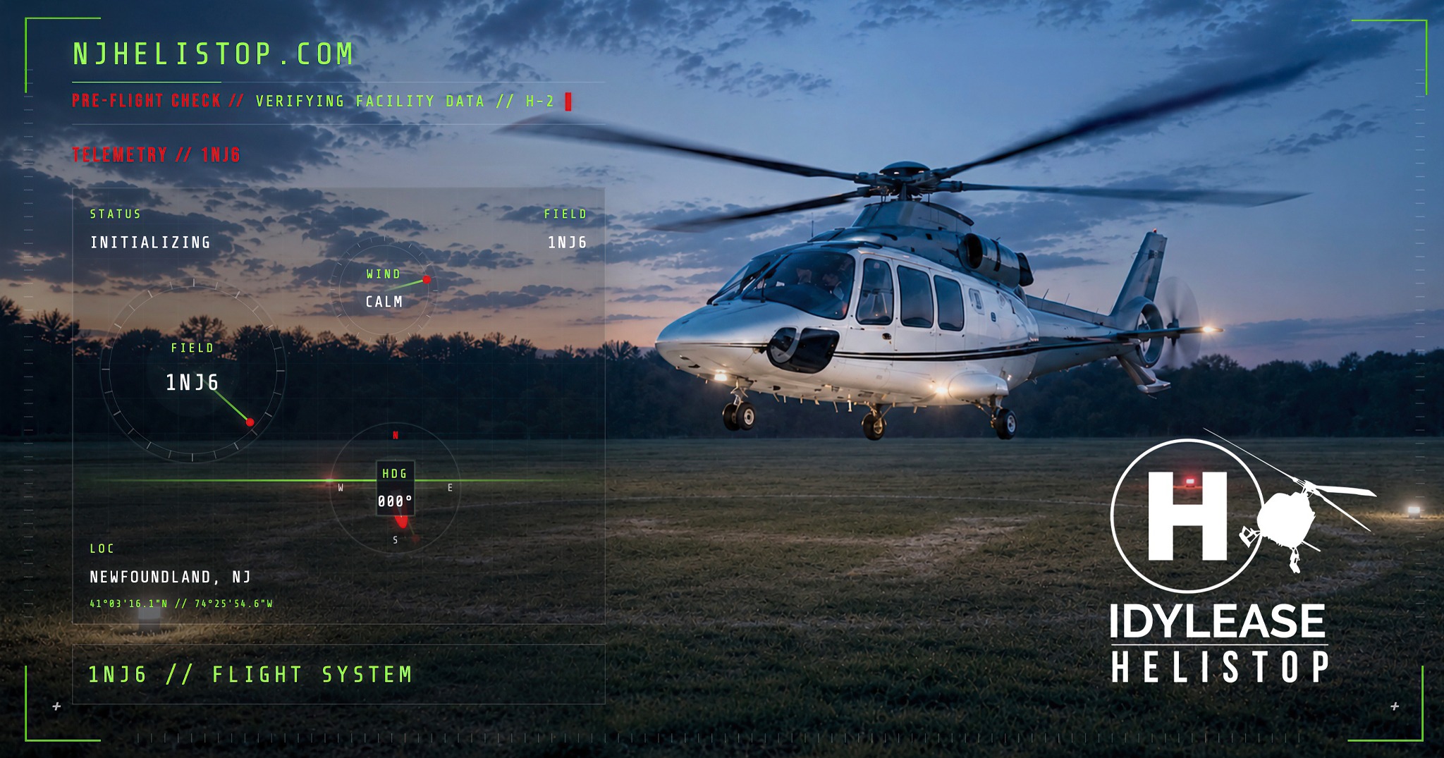 Idylease Helistop 1NJ6 in Newfoundland, New Jersey, with helicopter at twilight